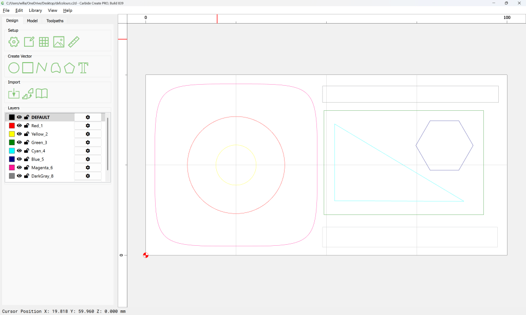 Screen grab of Carbide Create 839 showing Layers palette and an assortment of elements.